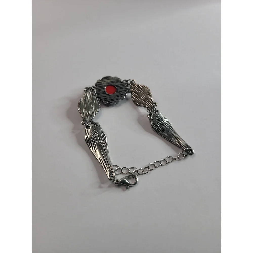 Silver Tone Red Cabochon Filigree Statement Bracelet Adjustable Boho
